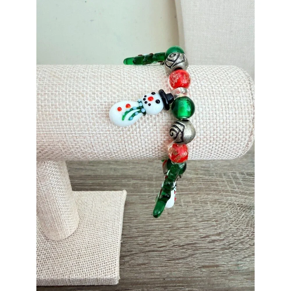 Christmas Lampwork Glass Snowman Tree Charm Stretch Bracelet Holiday Jewelry Fe